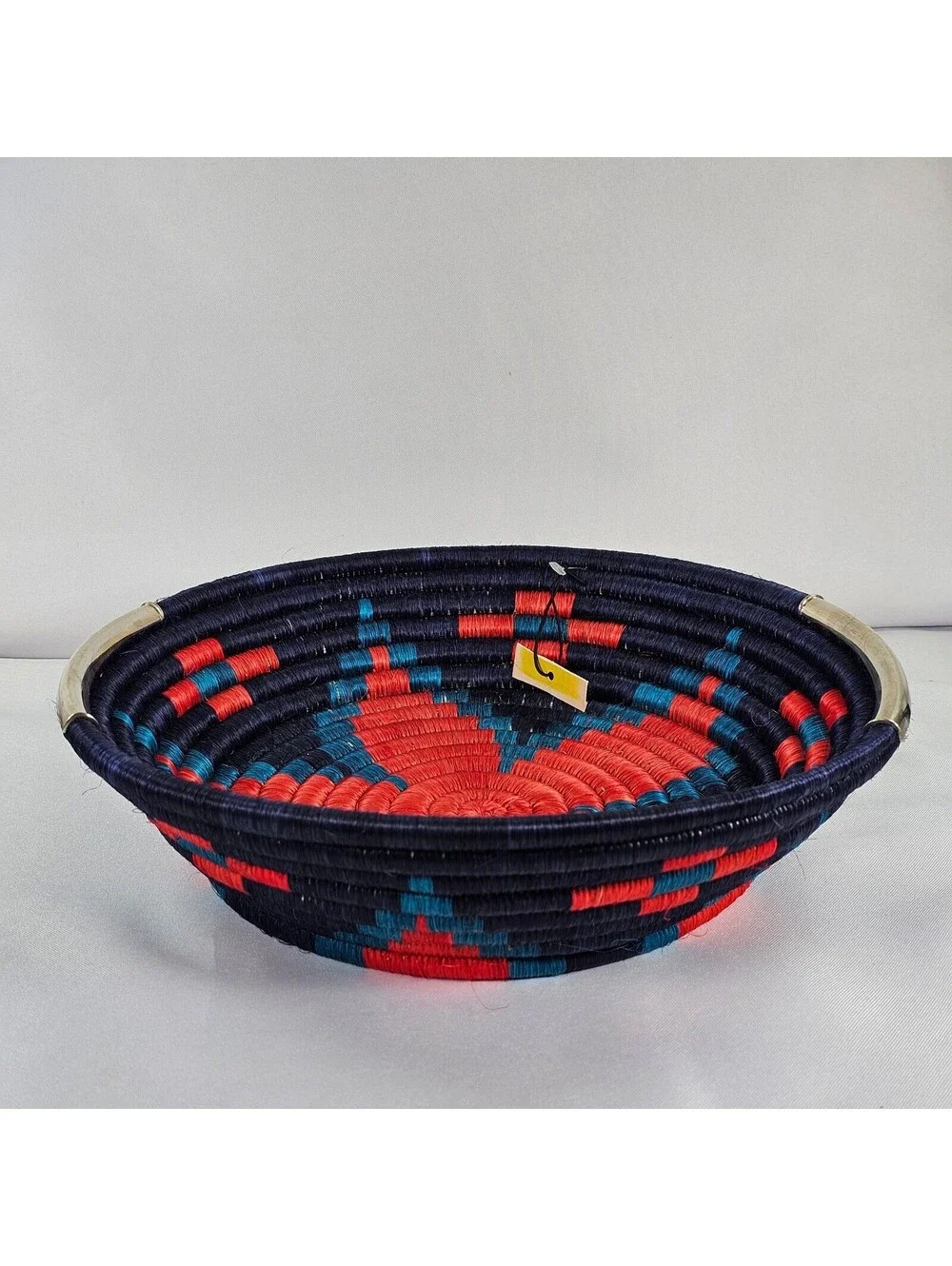 Handwoven Coiled Basket Bowl Navy Red Turquoise Geometric Decor Metal Handles